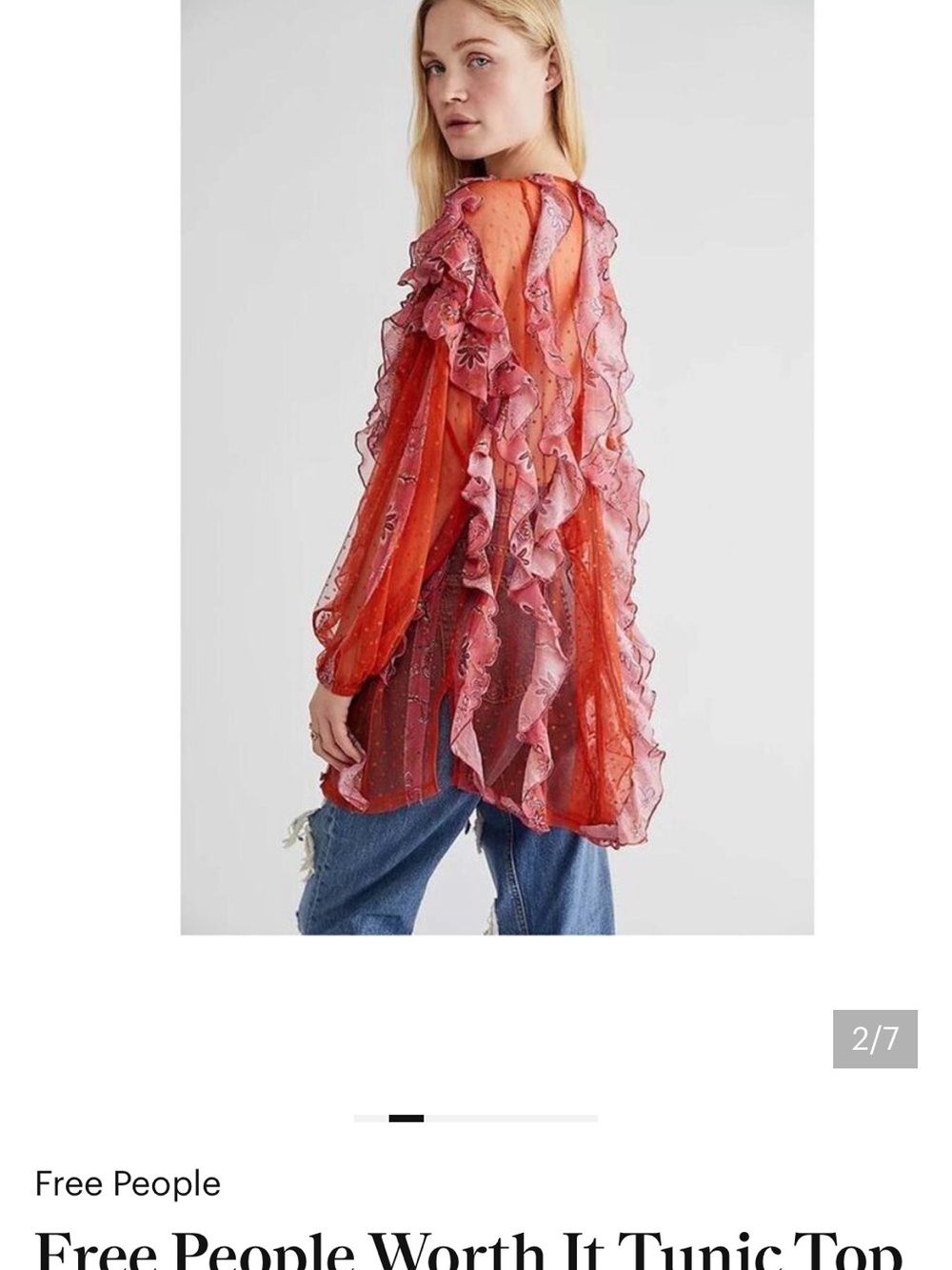 Free People Worth It Pink Orange Sheer Ruffle Floral Button Blouse Boho Fairy - Picture 3 of 14